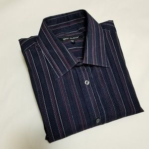 Report Collection Navy Velour Striped Dress Shirt